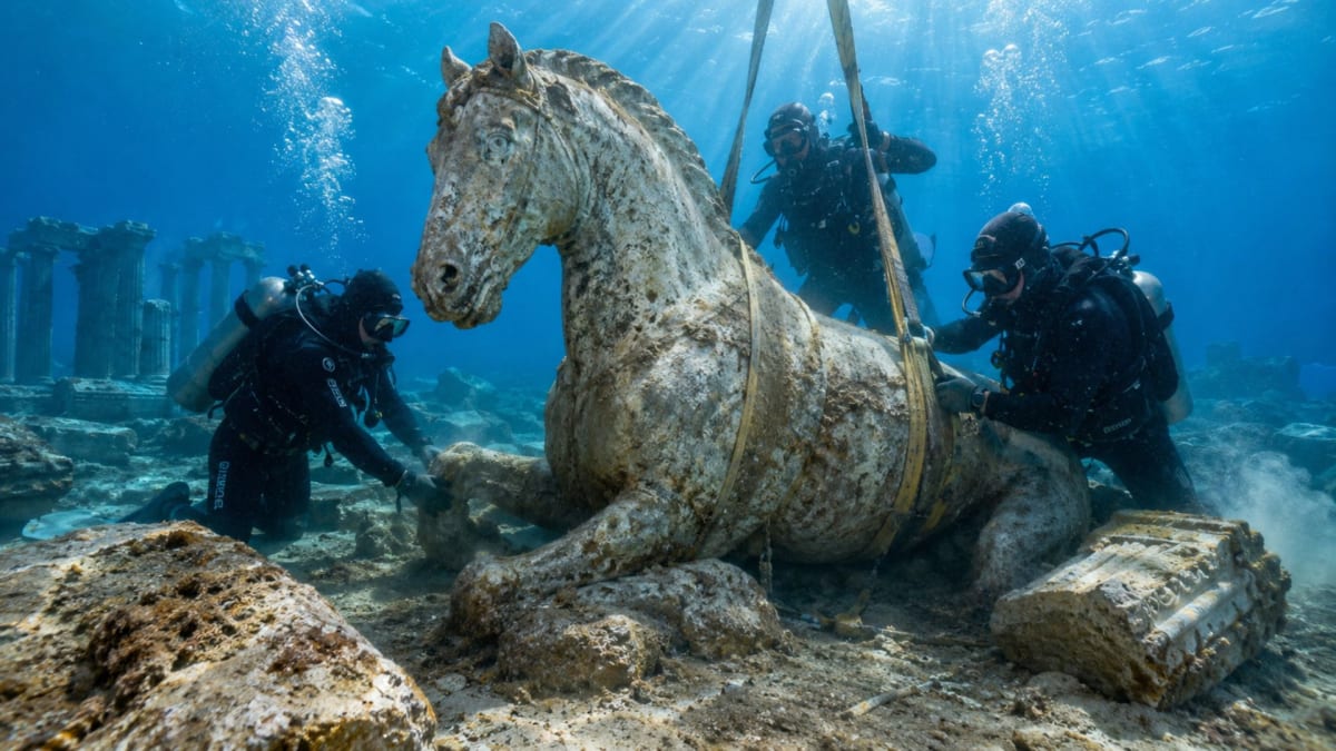 Ancient marble horse sculpture being recovered by divers from Mediterranean seafloor near Sicily