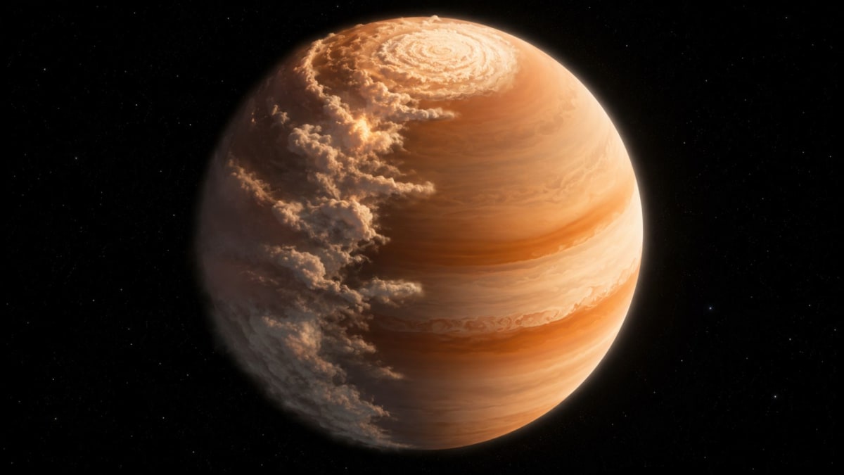 ** Artist's rendering of gas giant exoplanet WASP-94A b with cloudy and clear hemispheres