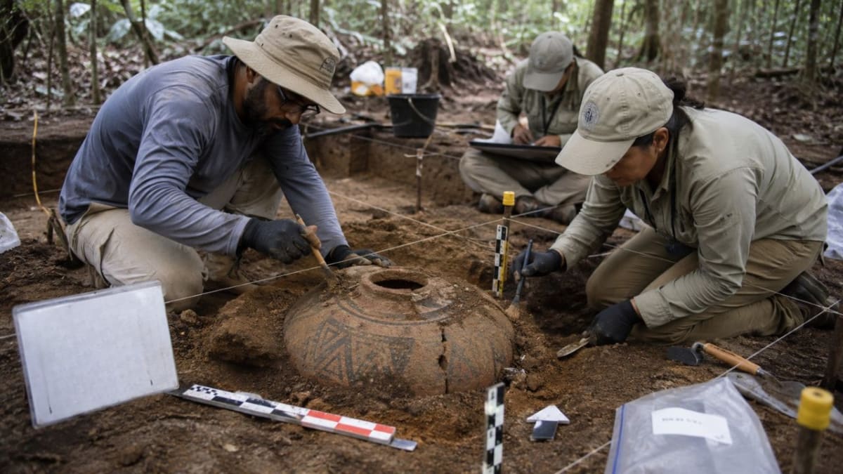 ** Ancient intact pottery vessel from Amazon archaeological excavation in Parintins, Brazil