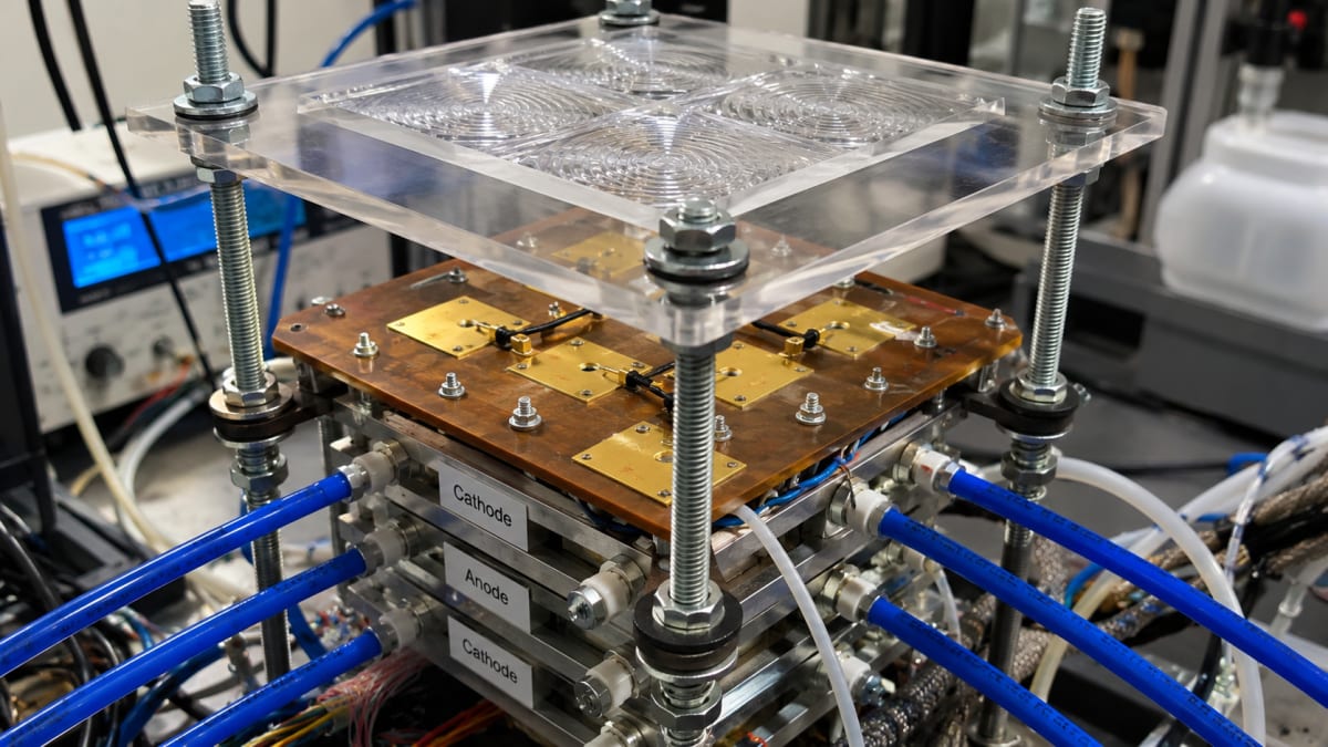 ** Solar panels and hydrogen production equipment demonstrating renewable energy conversion technology in outdoor testing facility