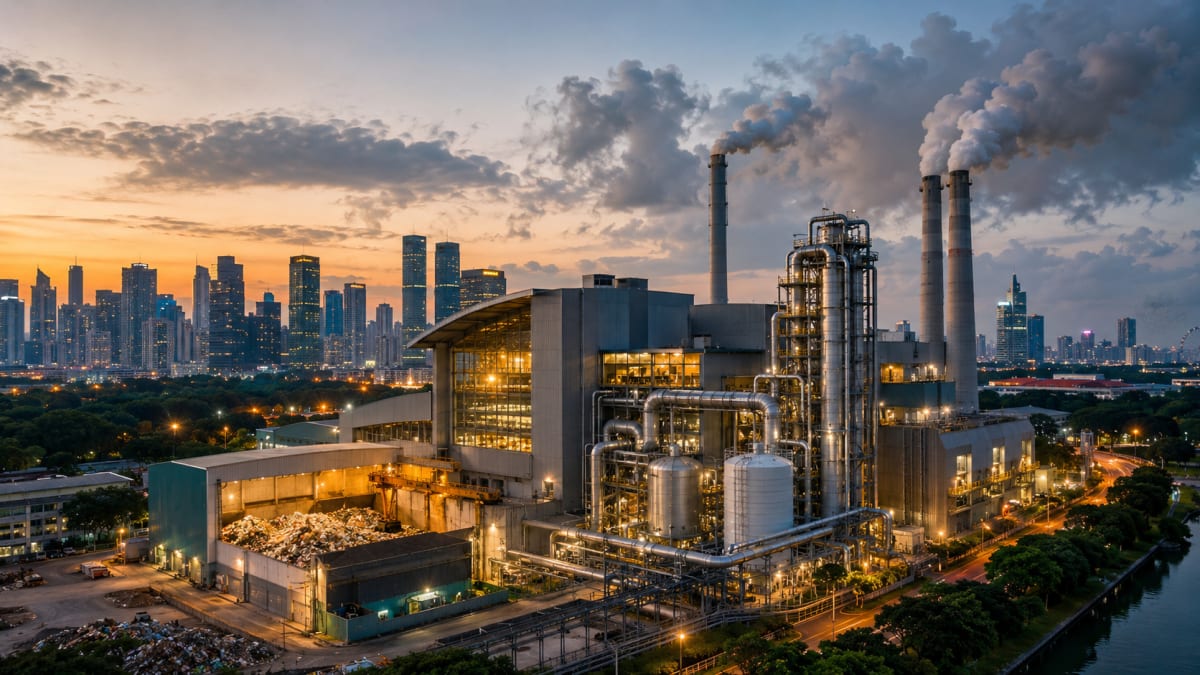 Modern waste-to-energy facility with smokestacks in densely built Singapore cityscape