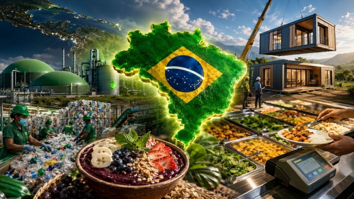 ** Map of Brazil showing diverse innovations from food to renewable energy spreading across Latin America