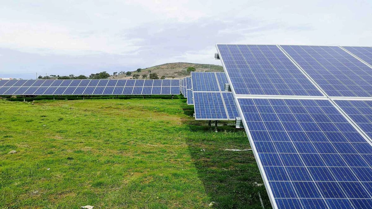 Large solar panel array installation stretching across New York landscape under blue sky