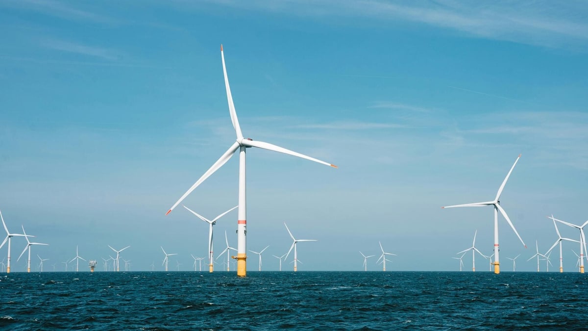 Offshore wind turbines rising from ocean waters along Canada's Atlantic coastline