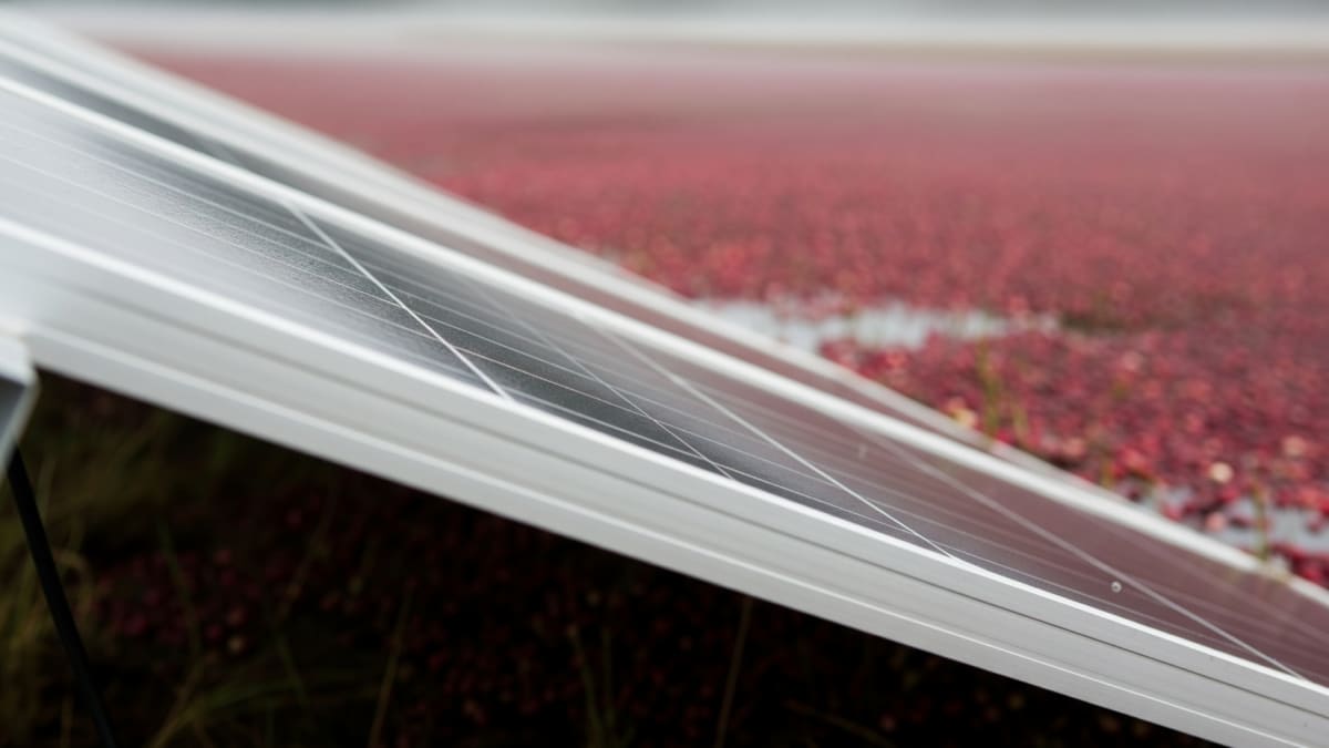 Solar panel arrays installed above cranberry bogs in southeastern Massachusetts near wetlands