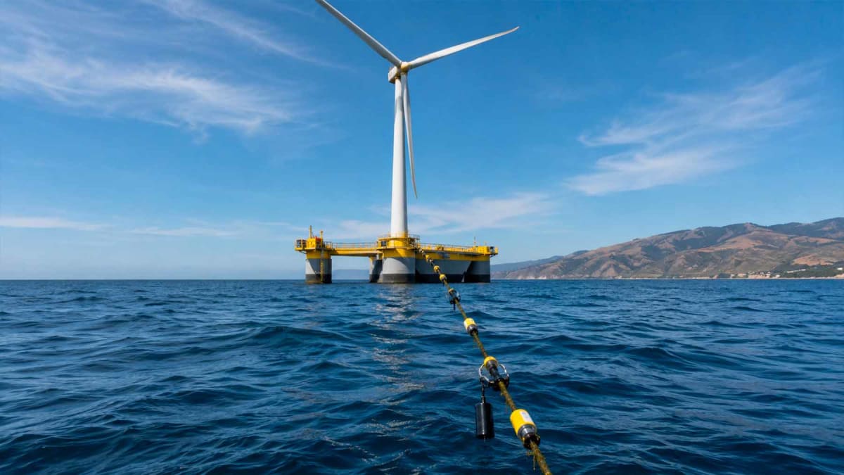 Floating wind turbine platform on deep ocean water with fiber optic cables shown throughout structure