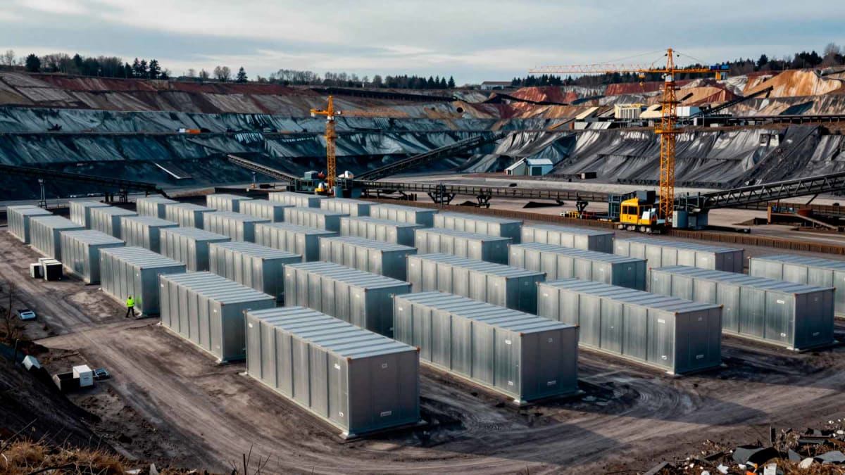 Large lithium-ion battery containers at former Hambach coal mine construction site in Germany