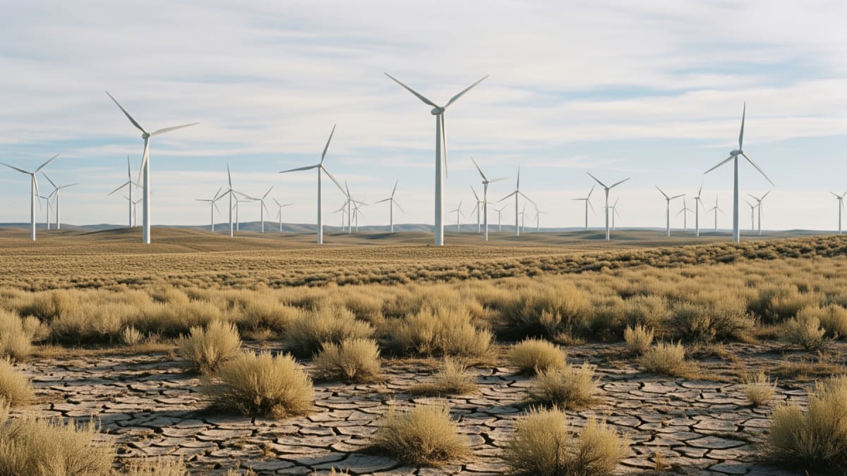 Hundreds of tall white wind turbines standing across New Mexico's high desert landscape
