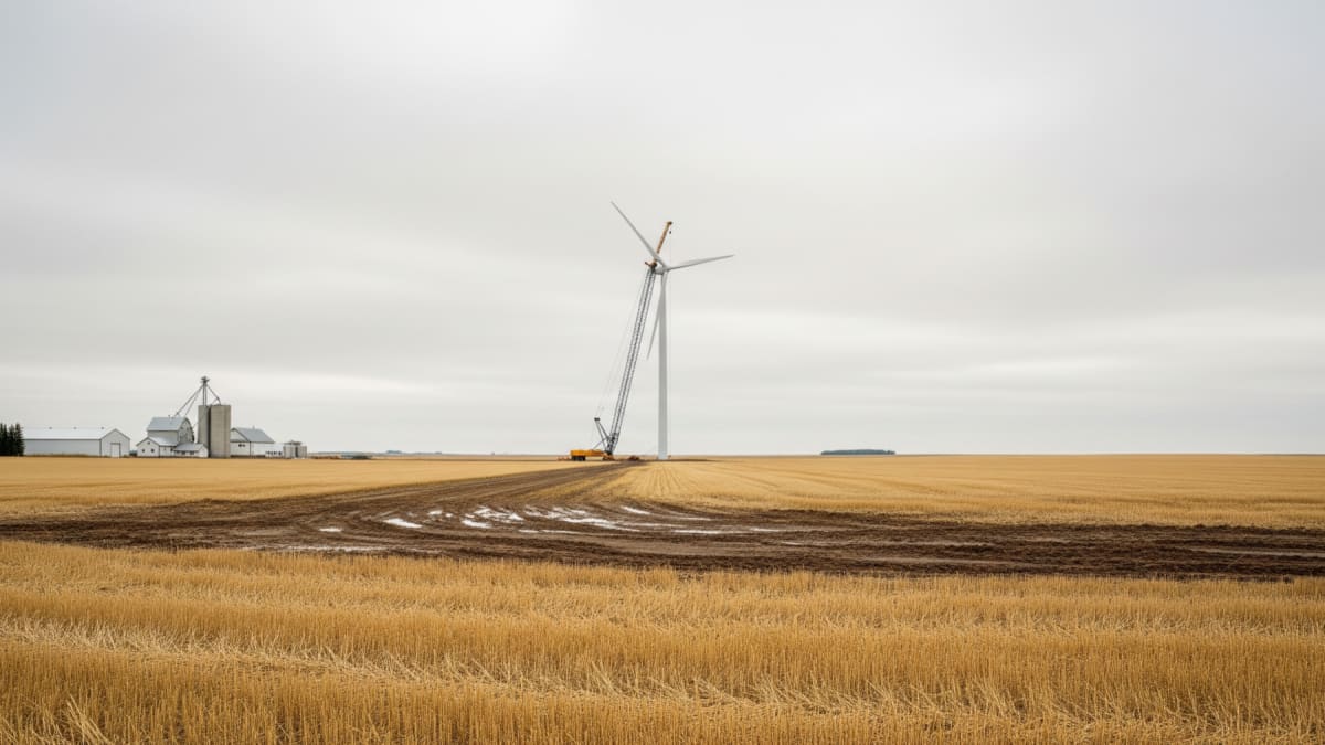 Wind turbines rising over golden wheat fields in rural Saskatchewan prairie landscape