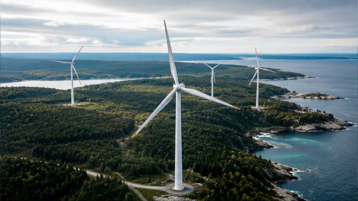 Wind turbines standing in open landscape of northern Maine's Aroostook County near Canadian border