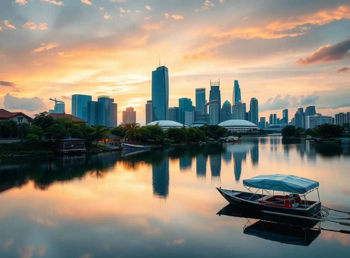 Modern Singapore skyline with green buildings and solar panels representing climate technology innovation hub