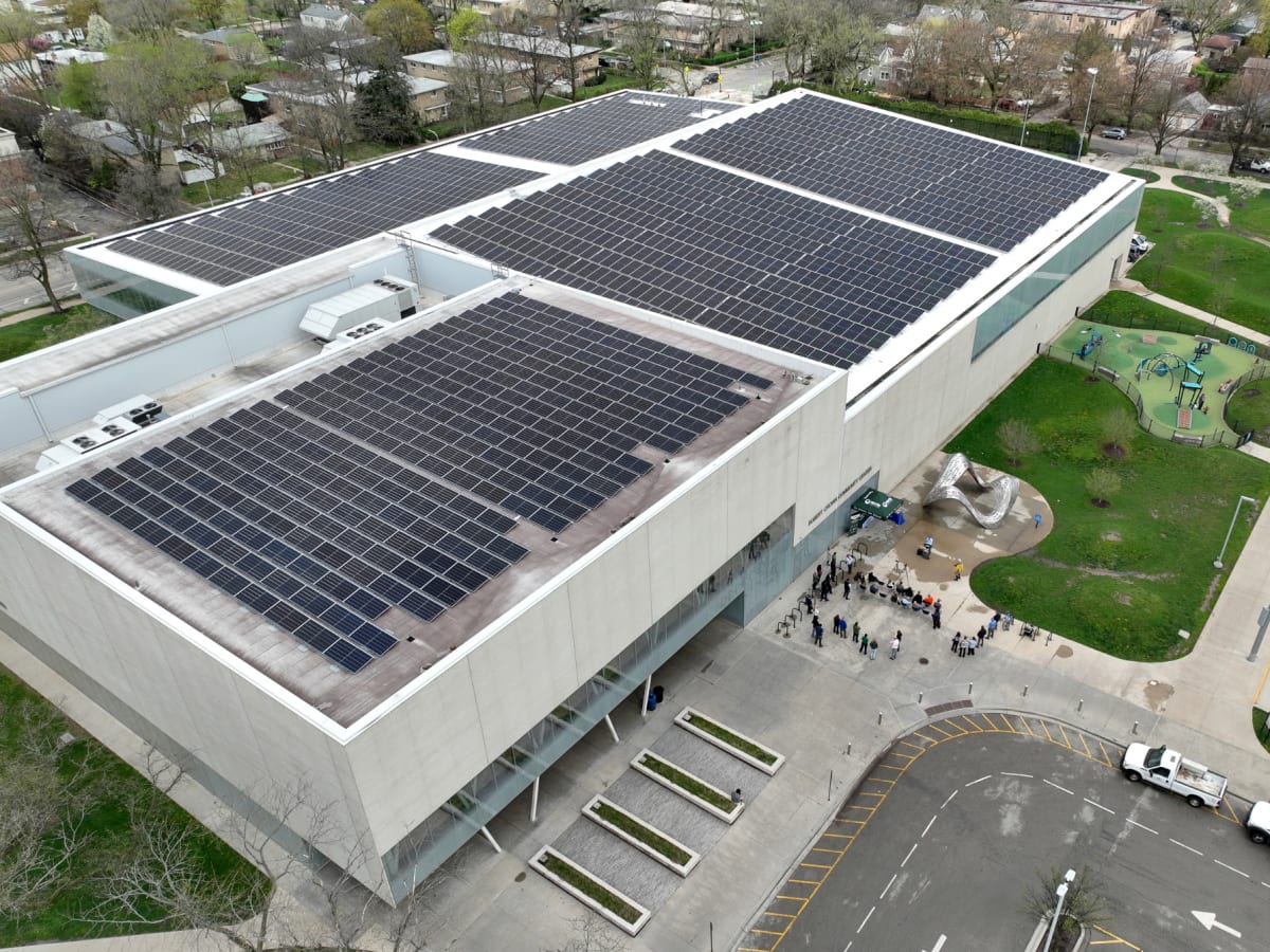 Solar panels covering rooftop of Robert Crown Community Center in Evanston, Illinois