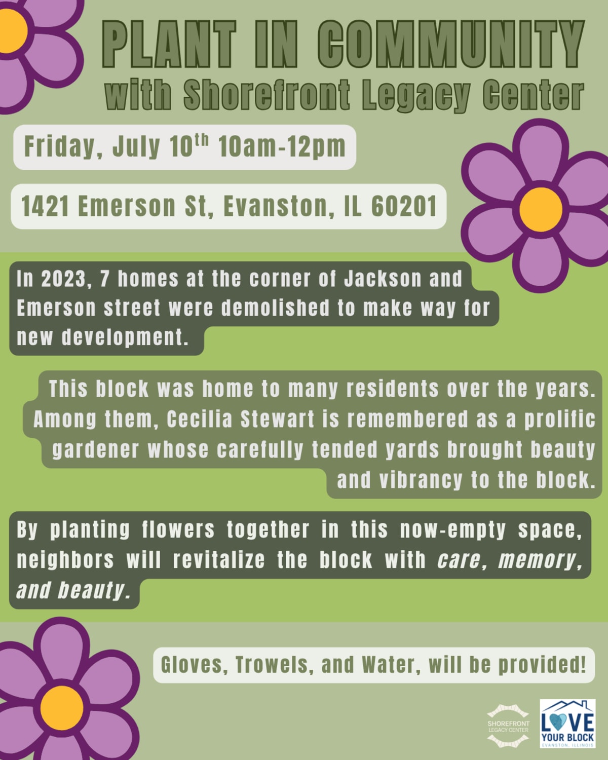 Community volunteers planting colorful flowers together in previously vacant urban lot in Evanston
