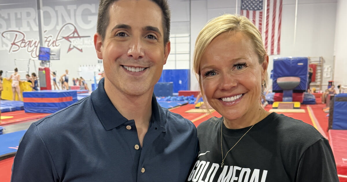 Olympic gymnast Amanda Borden coaching young children on gymnastics equipment in Arizona gym