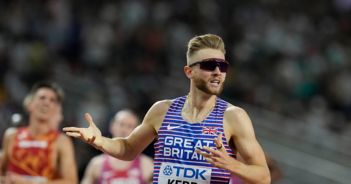 Josh Kerr celebrating after winning the 1500-meter final at World Athletics Championships