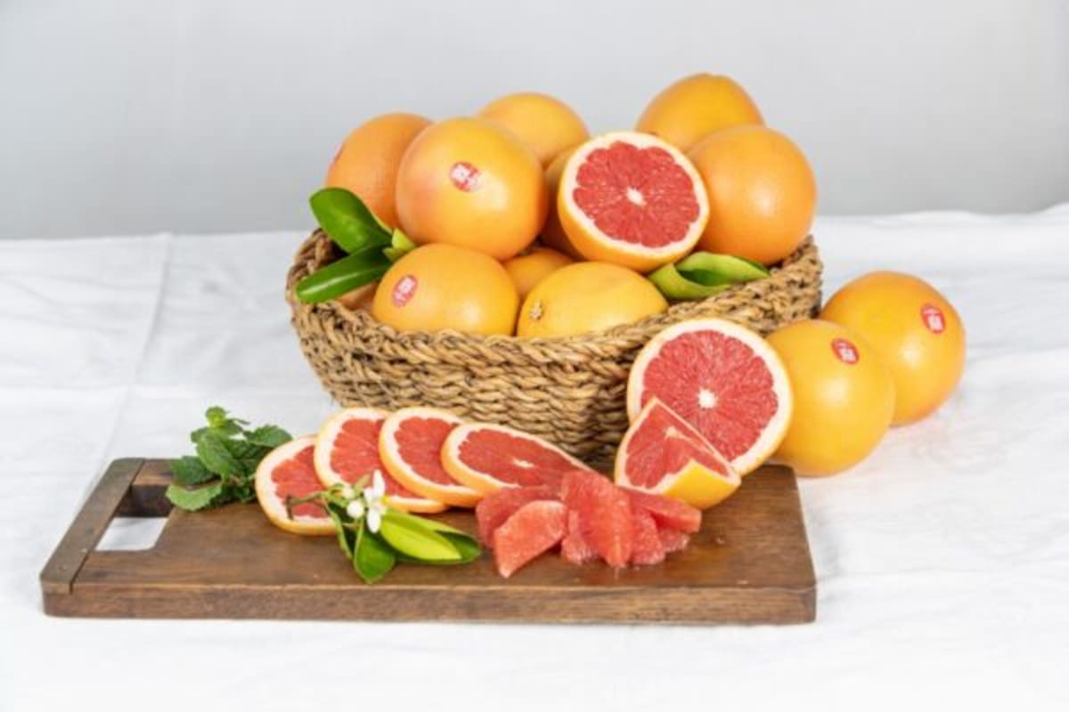 Bright red ruby grapefruits with branded stickers ready for export to European markets