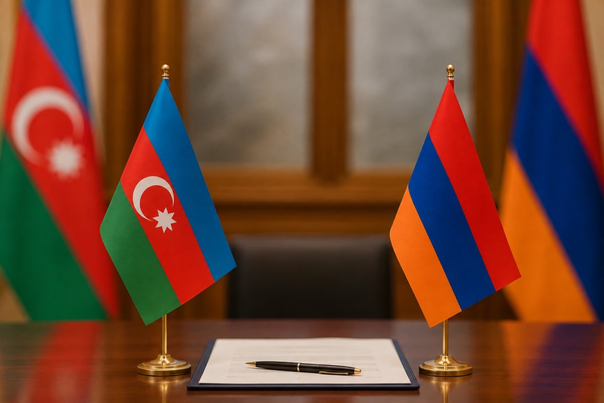 ** Armenia and Azerbaijan flags side by side representing historic peace progress between neighboring nations