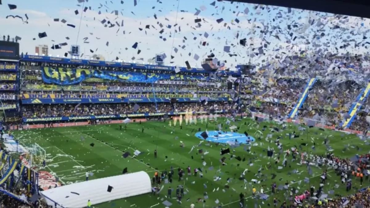 Aerial view of La Bombonera stadium in Buenos Aires with distinctive steep stands