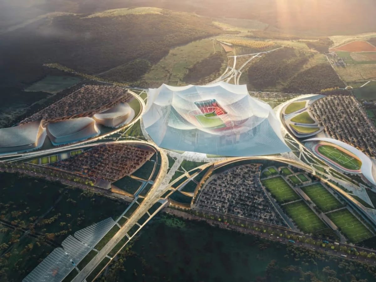 Aerial view of Grand Stade Hassan II stadium under construction in Morocco with cranes visible