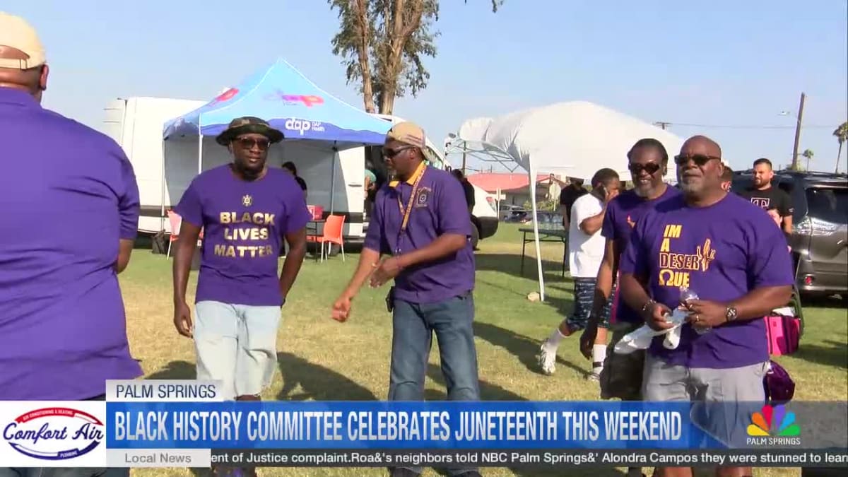 Families gathering at outdoor community festival celebrating Juneteenth with vendors and live music in Palm Springs