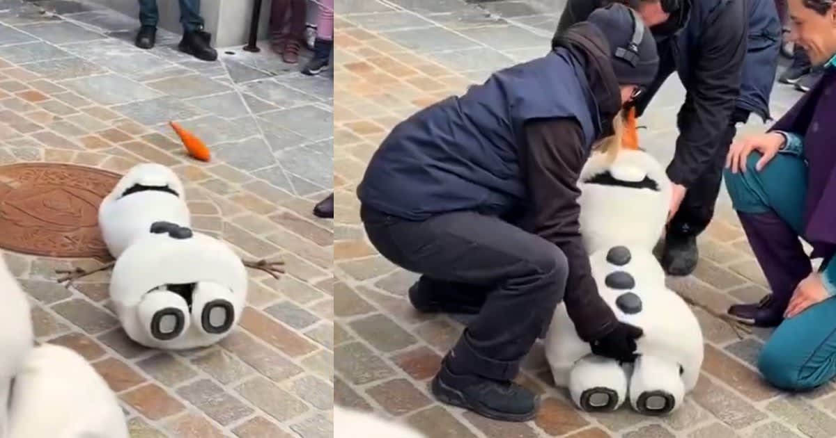 Disney's autonomous Olaf robot performing at Disneyland Paris theme park before malfunction