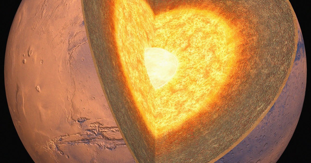 Artist rendering of Mars showing internal structure with hot material plume beneath surface