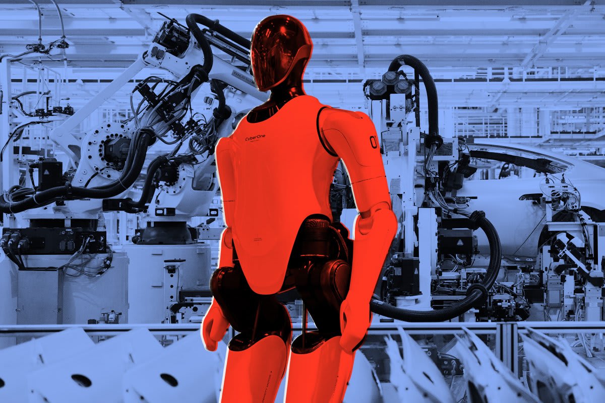 Bipedal humanoid robot installing parts on electric vehicle chassis in Xiaomi factory production line