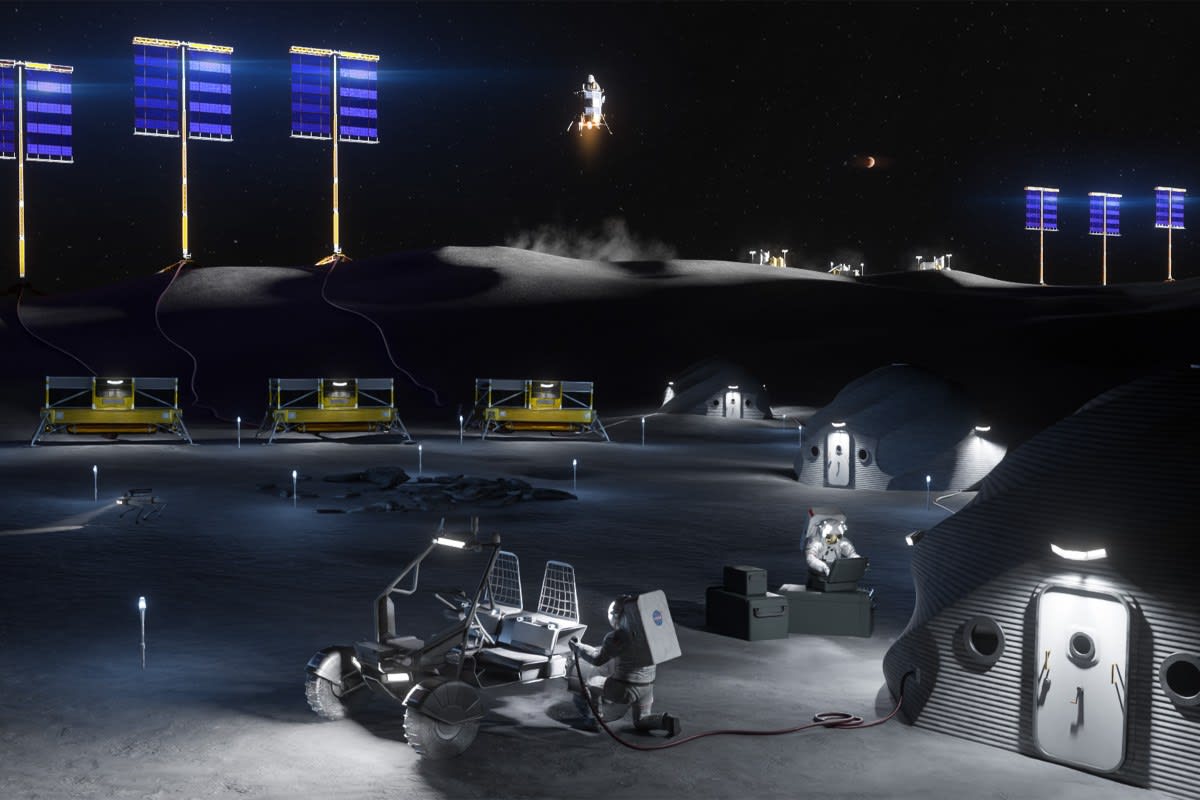Artist rendering of NASA lunar base with rovers and landing vehicles on Moon surface