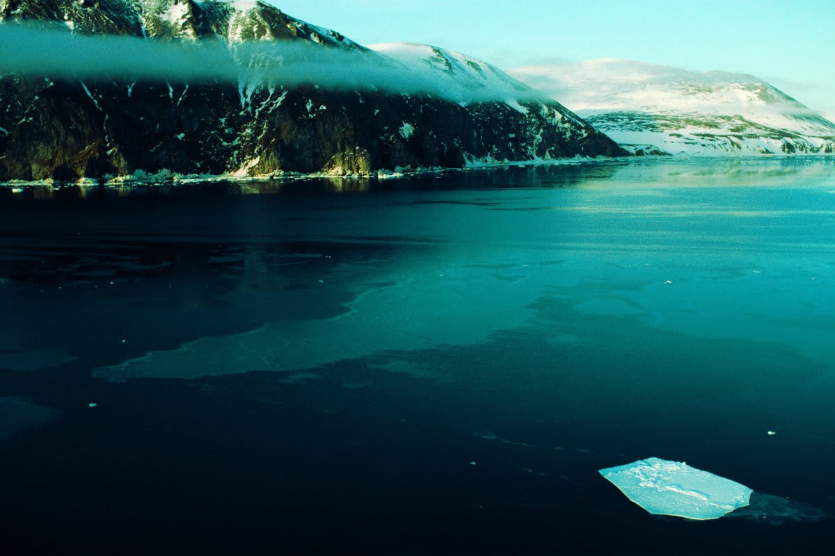 Aerial view of the Bering Strait channel between Alaska and Siberia where ocean currents flow