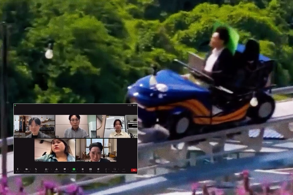 Office worker on video call holding laptop while riding roller coaster with green screen