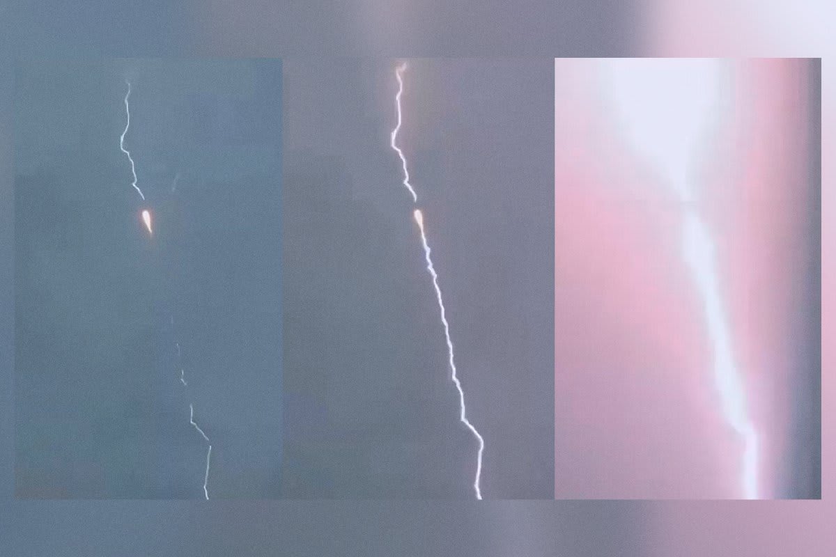 Lightning bolt striking Chinese Long March-3B rocket seconds after launch in southwestern China