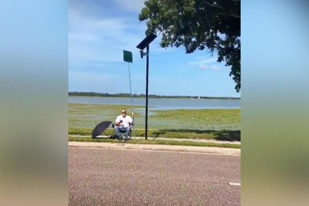 Elderly man in camping chair holding extremely tall pole with protest sign blocking surveillance camera