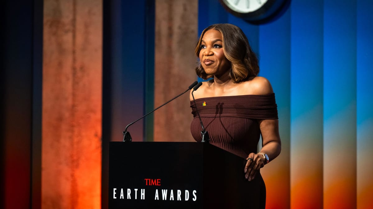 Damilola Ogunbiyi speaking at podium during TIME Earth Awards ceremony in London