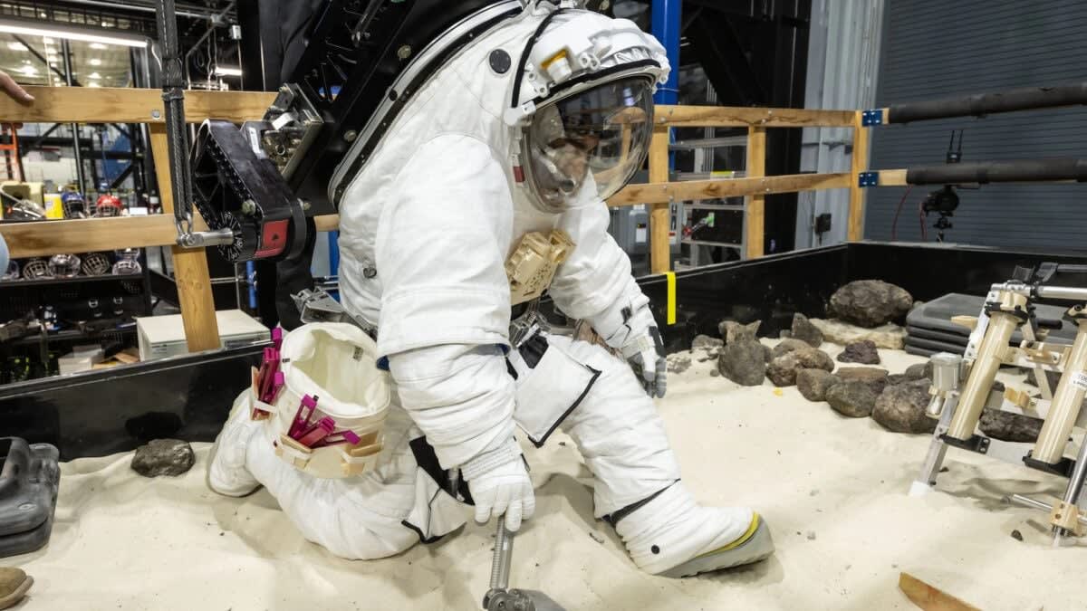 Axiom Space's white next-generation spacesuit designed for lunar missions in partnership with Prada