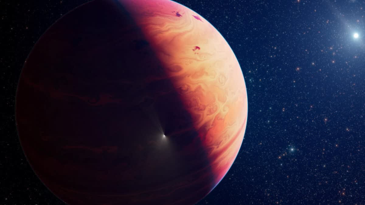 Artist rendering of massive planet 29 Cygni b orbiting distant star in space