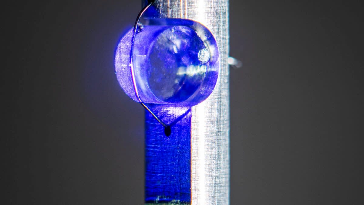 Close-up view of calcium fluoride crystal containing thorium-229 used in nuclear clock technology