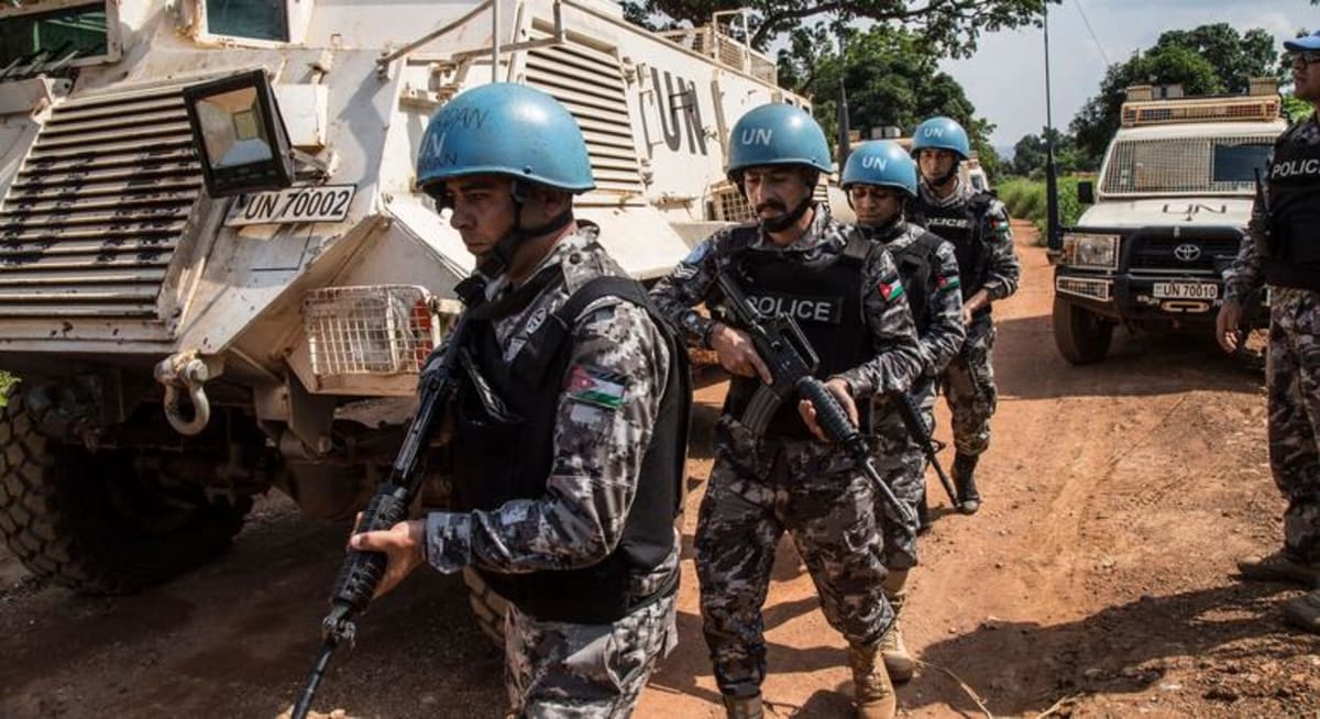 UN police officers from Jordan patrolling streets in Bangui, Central African Republic