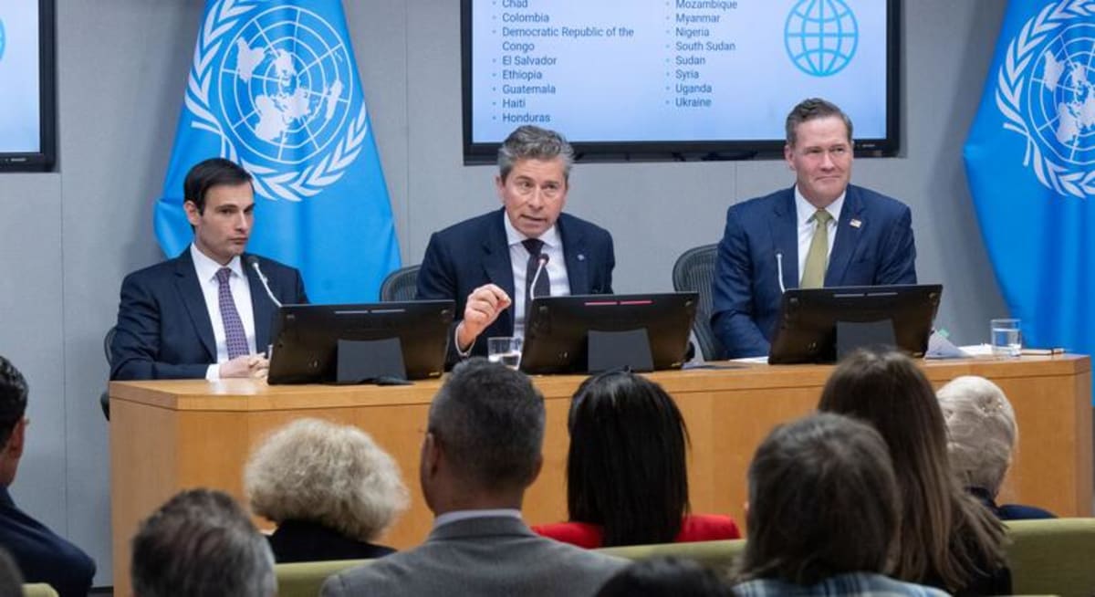 UN Relief Chief Tom Fletcher with US officials announcing humanitarian funding at UN Headquarters