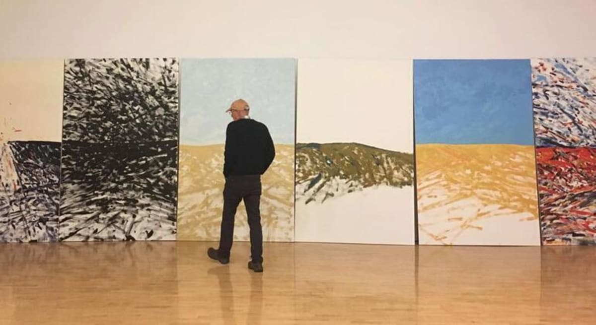 Artist Sandy Walker working on large scale black and white abstract prints in Oakland studio