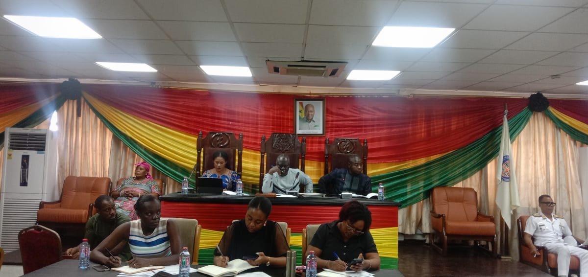 ** Tema Metropolitan Assembly meeting with officials discussing urban development and revenue progress in Ghana