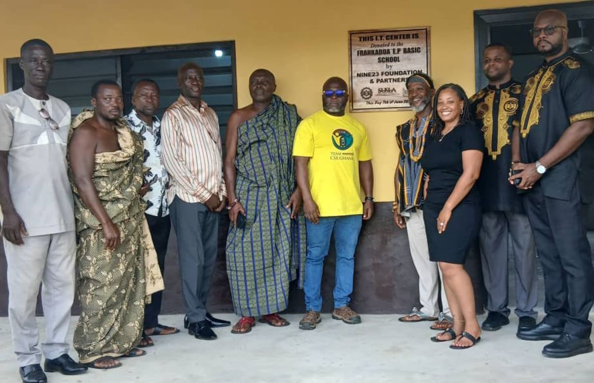 Students and community members gathered for computer lab opening ceremony in Ghana school