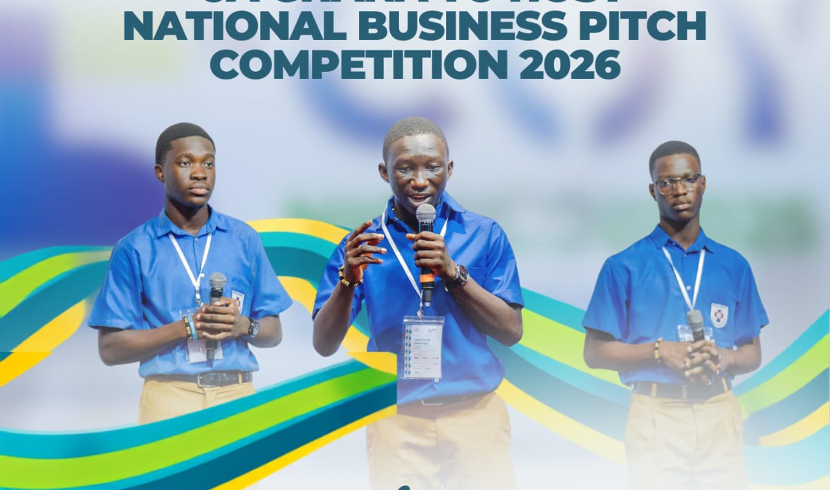 Ghanaian high school students presenting business pitch to panel of judges at competition