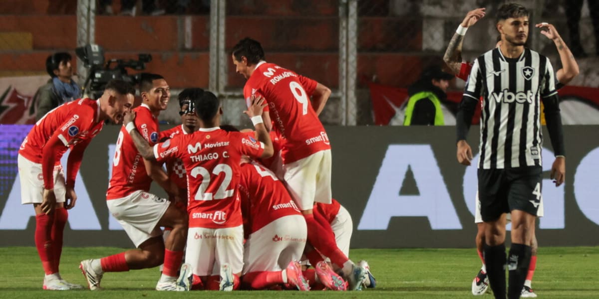 Matías Succar celebrating with Cienciano teammates after scoring historic hat trick against Botafogo