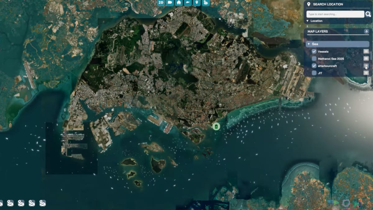 Virtual digital display showing aerial view of Singapore's busy maritime port with ships and harbor infrastructure