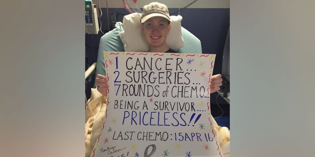 Young man smiling, brain cancer survivor Chandler now thriving 10 years after treatment