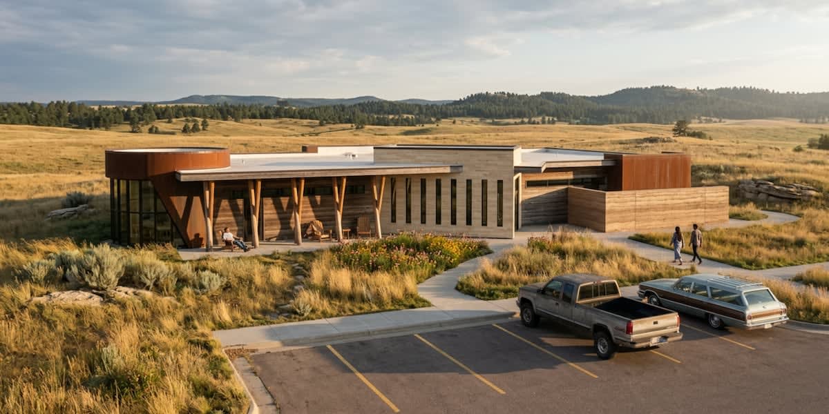 Modern healthcare facility rendering near Rosebud Sioux Tribe community in South Dakota landscape