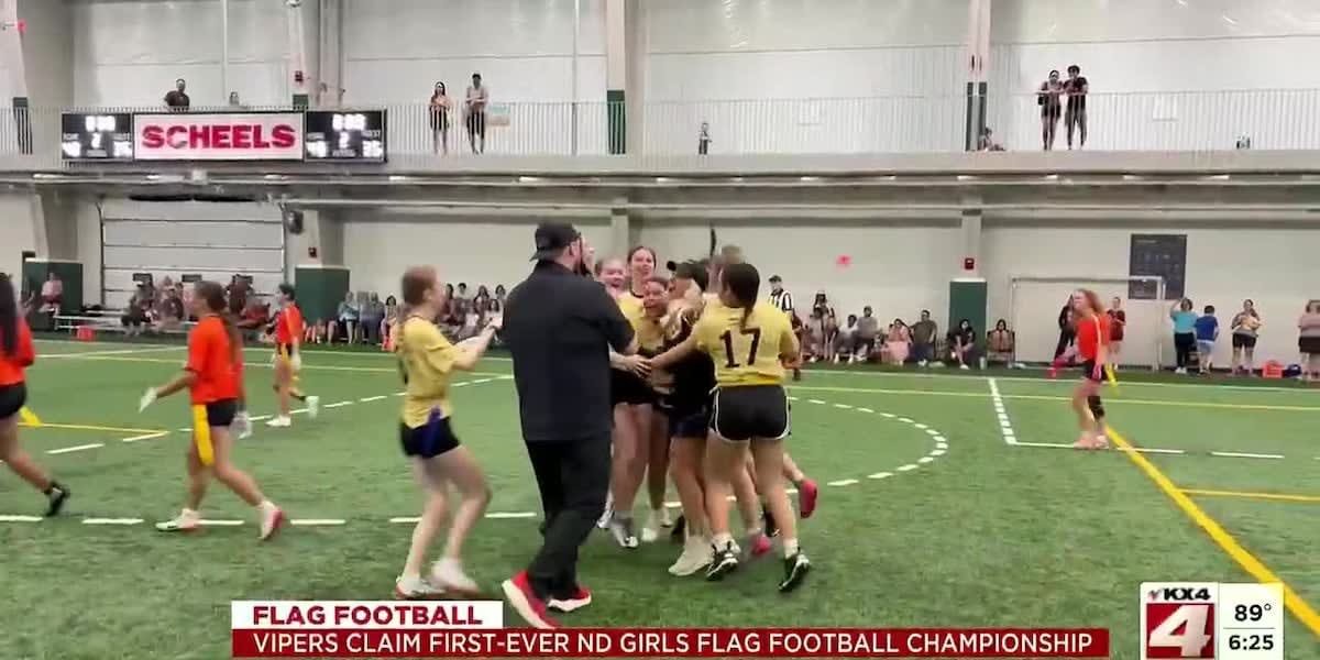 Fargo Vipers girls flag football team celebrating their historic North Dakota championship victory