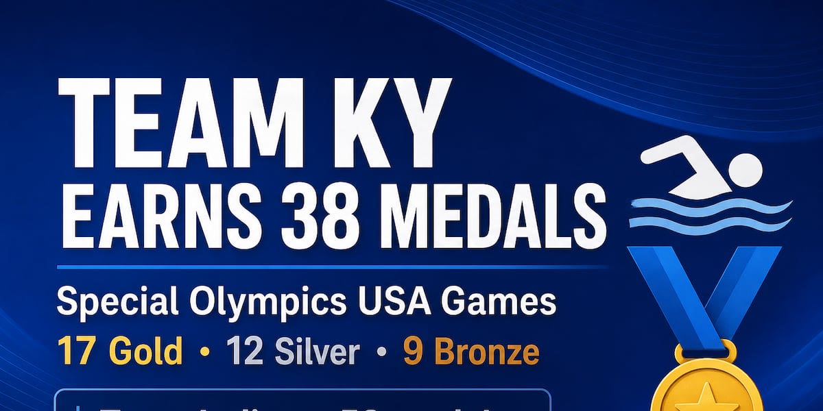 Justin Hale celebrating with three gold medals at Special Olympics USA Games swimming competition