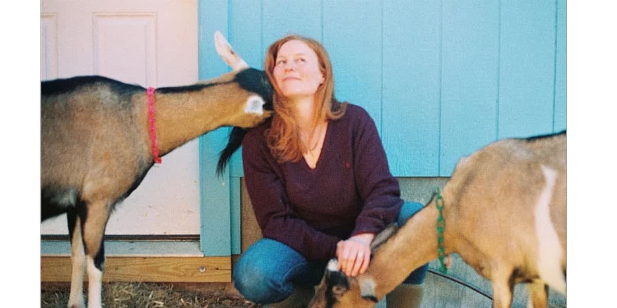 Lauren Gitlin stands in barn surrounded by friendly goats with expressive faces
