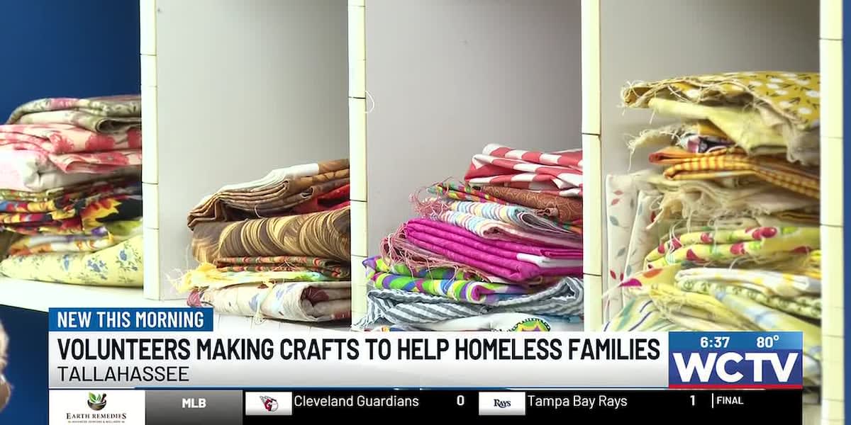 Volunteers sewing colorful handmade bags together at table in Tallahassee church